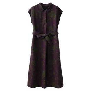 SILVIYE/溯也100%桑蚕丝龟纹香云纱真丝连肩袖衬衫裙显瘦连衣裙夏