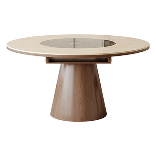 政补座家洞石餐桌家用法式复古风带智能暖菜电磁炉一体方变圆实木