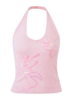 PynkiSwear 粉色/黄色绒感露背挂脖针织背心女珠片绣花短款上衣女