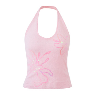 PynkiSwear 粉色/黄色绒感露背挂脖针织背心女珠片绣花短款上衣女