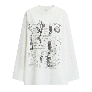 【田总同款】IMXS美式印花慵懒圆领白色男女长袖T恤2025年新款