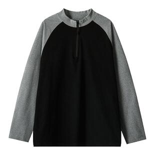 胖胖哥插肩长袖德绒t恤男款春季潮牌拼色宽松大码上衣休闲打底衫
