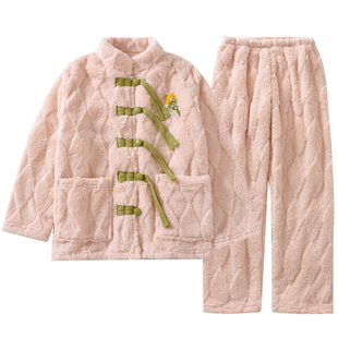 国风刺绣新中式女士舒棉绒睡衣立领保暖长袖提花珊瑚绒家居服套装