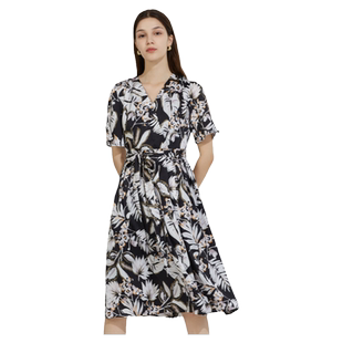 杰西卡夏季新款热带风情系带印花复古飘逸修身V领连衣裙女