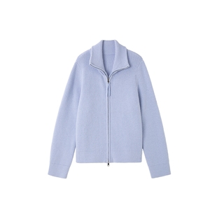 时然大码蓝色针织衫微胖女装春季新品百搭针织拉链外套宽松休闲款