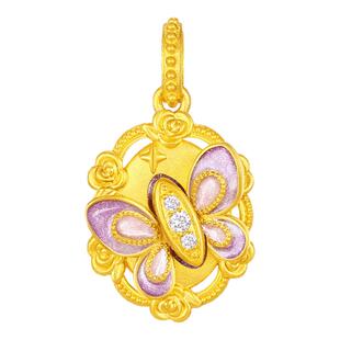 周大生黄金项链足金莫奈荧光珐琅玫瑰蝶梦闪光蝴蝶套链生日礼物