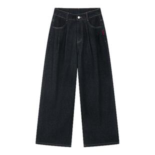 笛莎官旗青少年女孩宽松牛仔裤子2025冬季新款高腰加绒牛仔阔腿裤