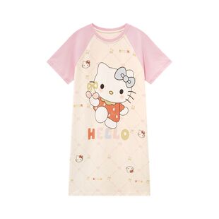 女童卡通睡裙2026新款夏季纯棉短袖 Kitty中长款薄款公主风家居服