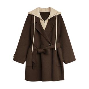 【山羊绒】ELLE假两件连帽双面呢大衣女25冬新款中长款毛呢外套