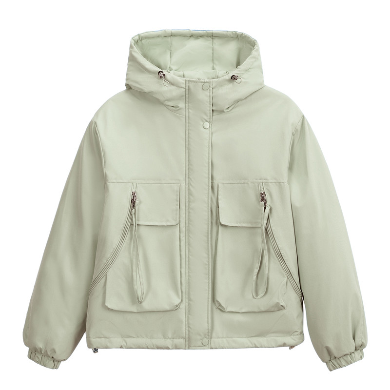 秋冬整张棉工装连帽棉服外套女