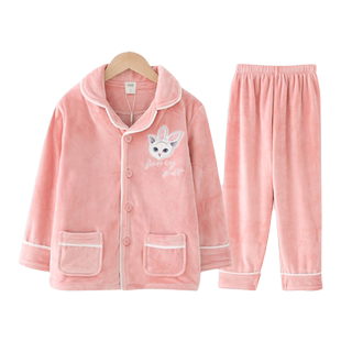 女童法兰绒睡衣秋冬加厚长袖套装中大童珊瑚绒家居服大童卡通可爱