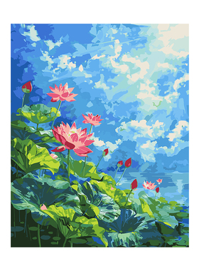 diy数字油画成人风景手工填色丙烯油彩填色画手绘装饰画 池塘映天