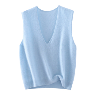 高端羊绒针织V领马甲背心女蓝色秋冬坎肩羊毛衫叠穿无缝一体毛衣