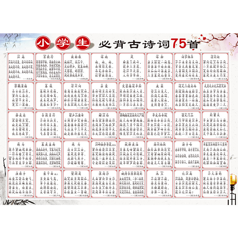 小学生必背古诗唐诗词75首75十80挂图儿童房三百首三字经墙贴纸画
