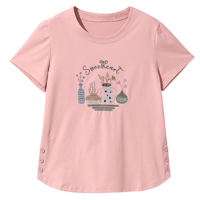 粉色纯棉宽松刺绣圆领短袖T恤