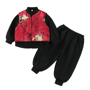 元旦汉服男童秋冬喜庆拜年服儿童唐装女童过年衣服男孩马甲三件套