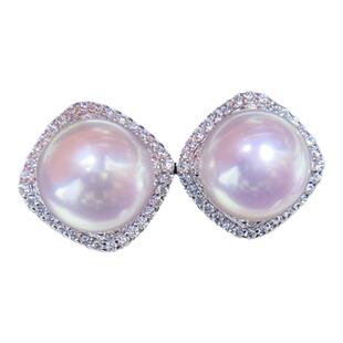 天然淡水珍珠耳钉 强光镜面无瑕S925纯银耳饰耳环 满钻方形气质女