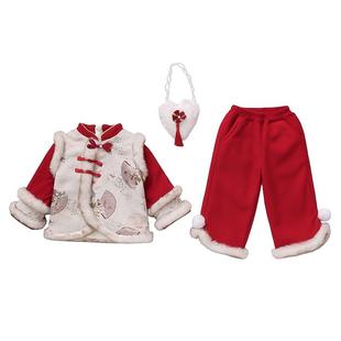 法国Uamtor女小童冬装拜年服儿童套装新中式国风宝宝喜庆过年衣服