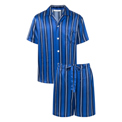 真丝睡衣男短袖短裤条纹蚕丝套装