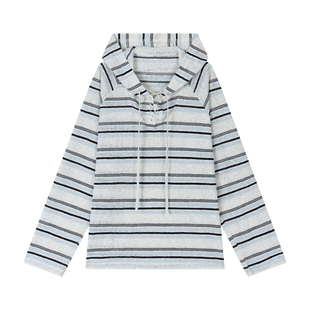 NS76 秋季新款条纹连帽针织薄款长袖防晒罩衫宽松女上衣轻薄T恤