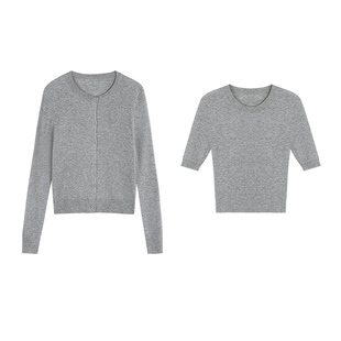 pusumede【现货7折】灰色圆领针织开衫外套女修身气质短袖T恤