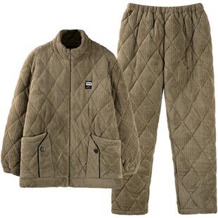 男士睡衣秋冬季加厚加绒珊瑚绒三层夹棉湖南省服可外穿家居服套装