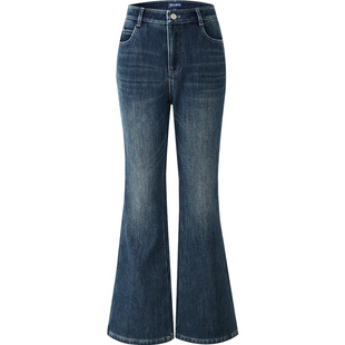 娅丽达复合奥粒绒微喇牛仔裤女2025冬季新款加绒加厚修身喇叭裤子