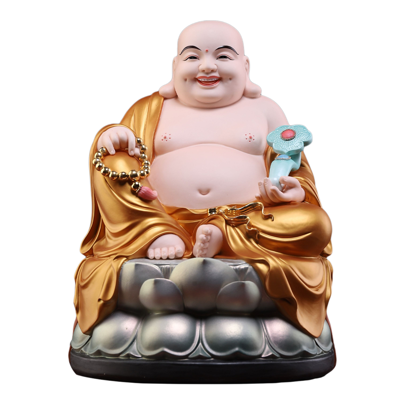 戴玉堂陶瓷摆件《微笑坐莲弥勒 金衣彩》家用弥勒像笑佛供奉佛像