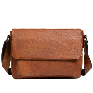 手工擦色真皮单肩包植鞣皮斜挎通勤风邮差包复古头层牛皮男包轻奢