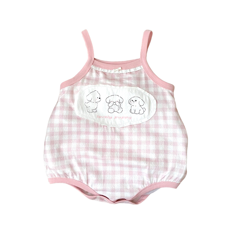 女童卡通贴布连体衣格子吊带爬服