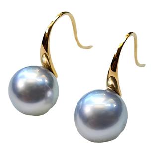 极光真多麻日本akoya海水珍珠耳钉耳环18k金高跟鞋正圆镜面银灰蓝