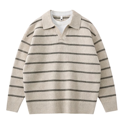 毛衣男秋冬复古撞色条纹 polo领针织衫上衣假两件v领潮流休闲毛衫