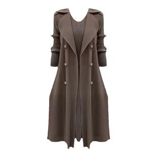 2025秋季新款褶皱长款外套裙女收腰显瘦气质妈妈纯色假两件连衣裙