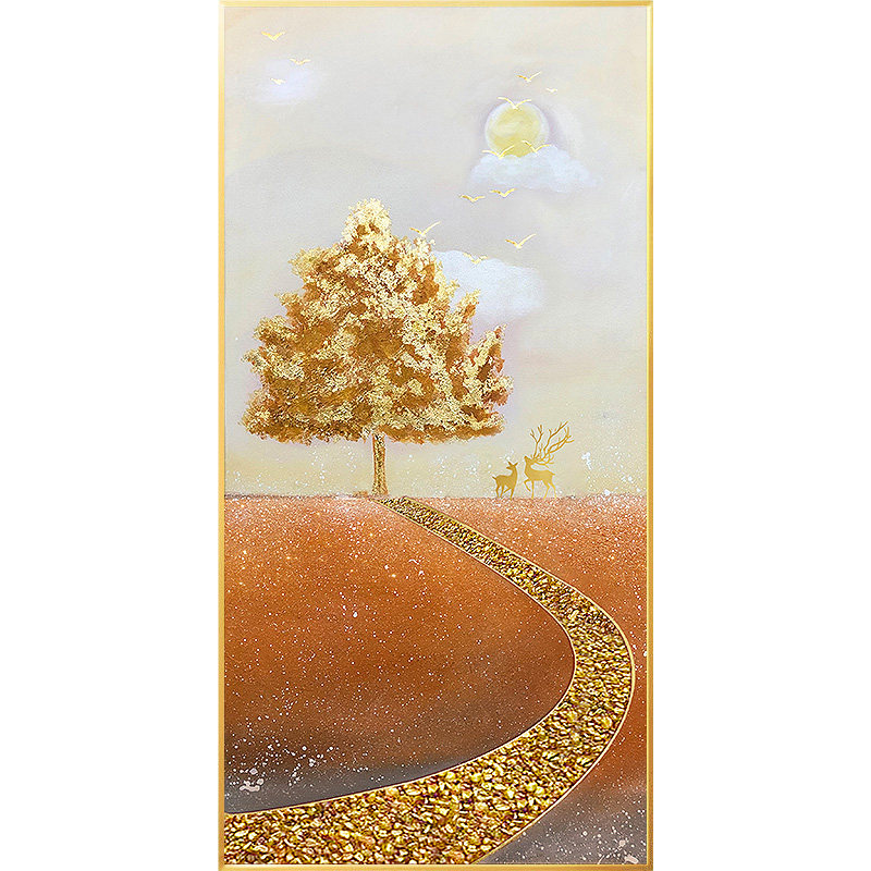 金箔发财树入户玄关装饰画竖版