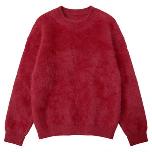 减龄时髦新年红慵懒软糯仿貂绒圆领毛衣宽松高级感针织衫外穿