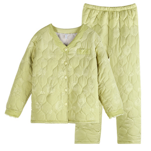 睡衣女士冬季加绒三层加厚款保暖夹棉袄绸缎高级感家居服大码套装