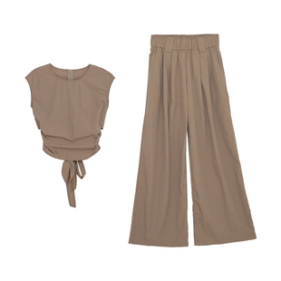 荒荒家 小众背后绑带上衣两件套2025夏季新款松紧腰直筒休闲裤女