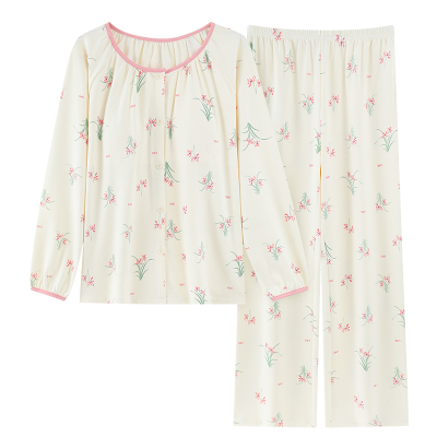 纯棉秋季睡衣女款长袖长裤开衫休闲甜美碎花妈妈家居服套装可外穿