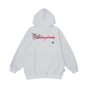 WASSUP花卉刺绣灰色卫衣男女款秋冬季宽松休闲潮流百搭连帽衫上衣