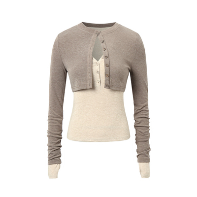 dat.针织短开衫长袖真两件套装