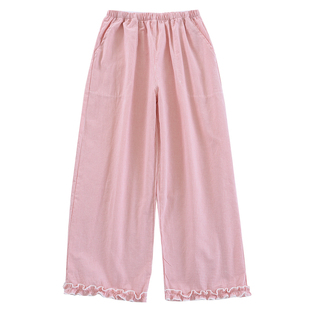 日系甜美小格子睡裤女夏纯棉花边九分裤薄款宽松春秋家居裤可外穿