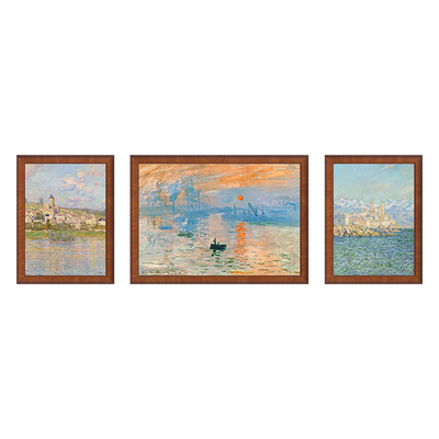 莫奈日出三联中古风客厅装饰画胡桃木边框沙发背景墙法式复古挂画