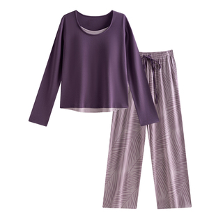 带胸垫睡衣女2025新款春秋纯棉长袖套头紫色可外穿家居服秋冬套装
