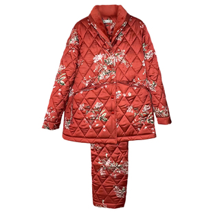 曼诺曼蒂克家居服女冬加厚天丝缎夹棉欧式田园风翻领开扣睡衣套装