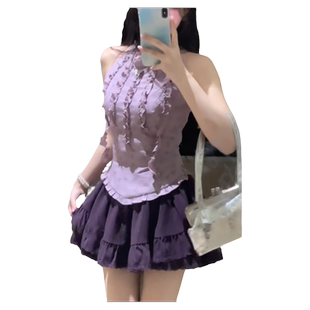XZY/欣争艳 微胖mm纯欲芭蕾风紫色无袖上衣女夏甜辣半身裙两件套