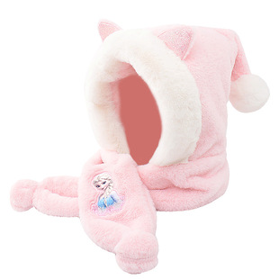 迪士尼儿童帽子围巾一体套装女童连帽宝宝冬季保暖毛绒加厚小学生