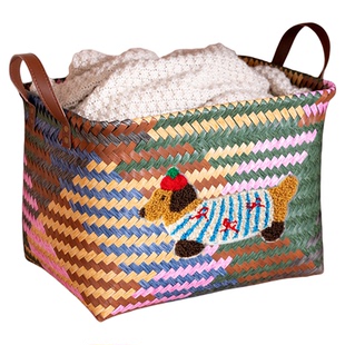 零食收纳筐编织杂物收纳篮玄关桌面收纳盒卡通小狗客厅家用脏衣篓