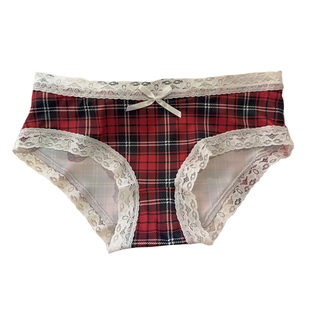 圣诞红格子夏季薄款蕾丝边冰丝无痕牛奶丝女士内裤性感纯欲三角裤