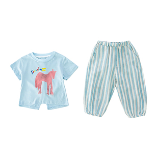 女童短袖套装2026新款夏季儿童条纹裤子两件套女宝宝洋气衣服薄款