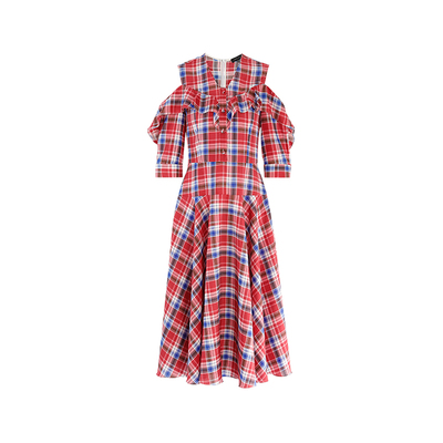 红白蓝方格荷叶边露肩格子连衣裙